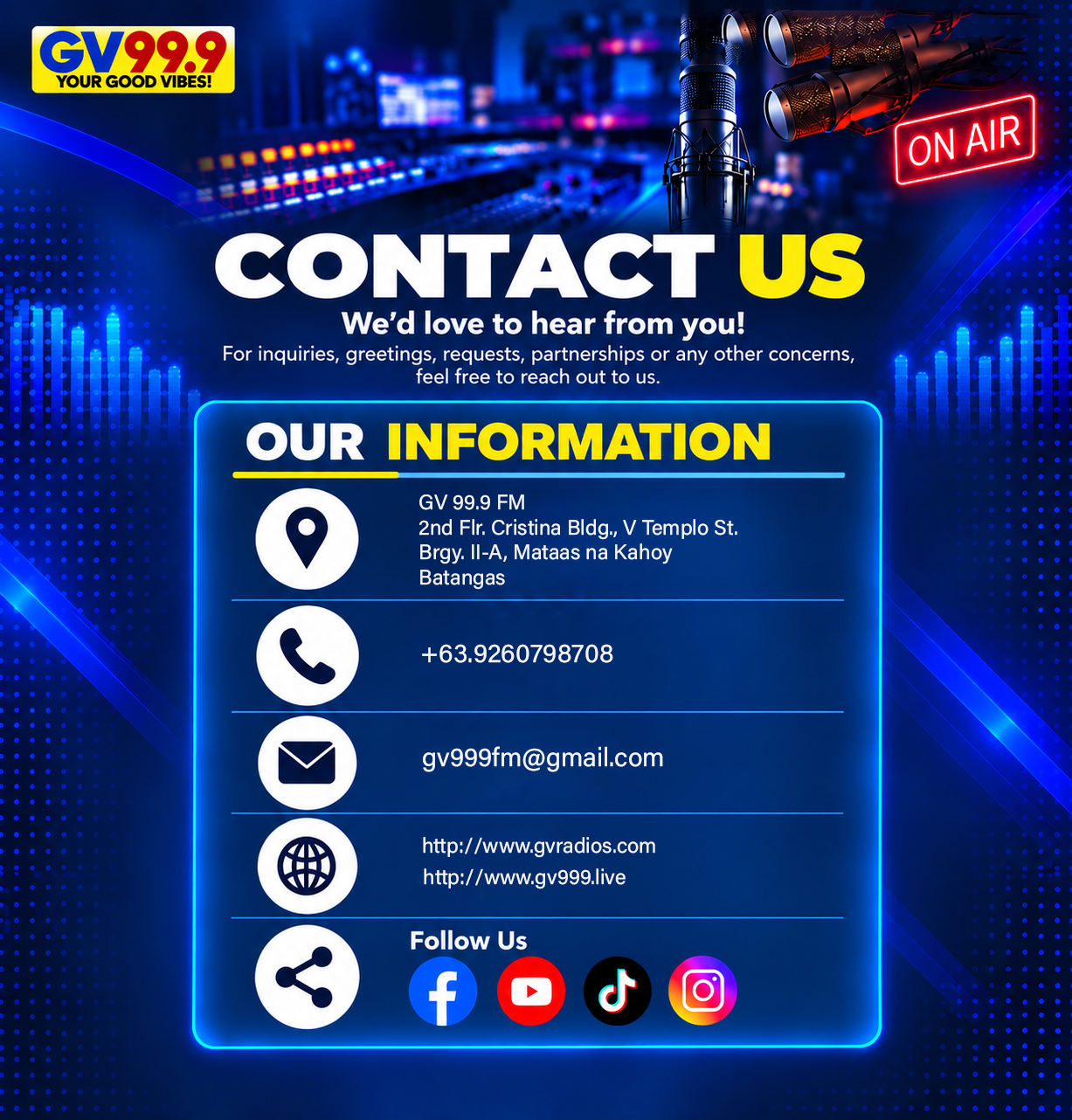 GV 99.9 FM Contact Us